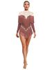 Stage Dance Bodysuit for Women - Latin Style with Tassels, Shiny Rhinestones & Sheer Mesh Long Sleeve Design