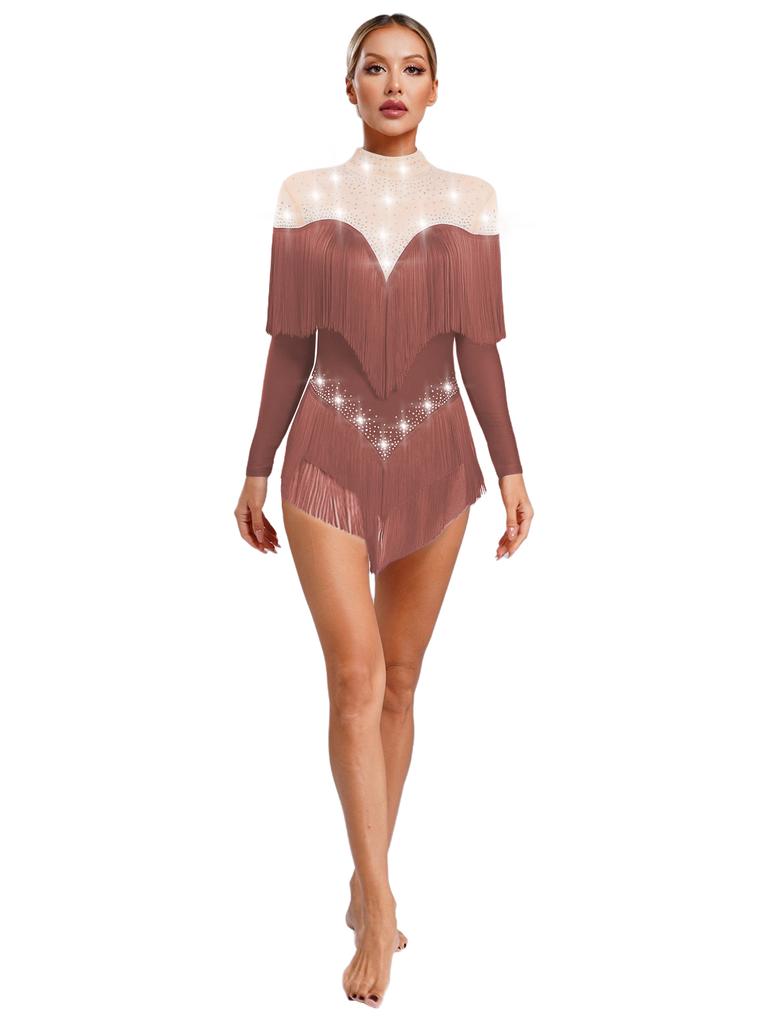 Stage Dance Bodysuit for Women - Latin Style with Tassels, Shiny Rhinestones & Sheer Mesh Long Sleeve Design