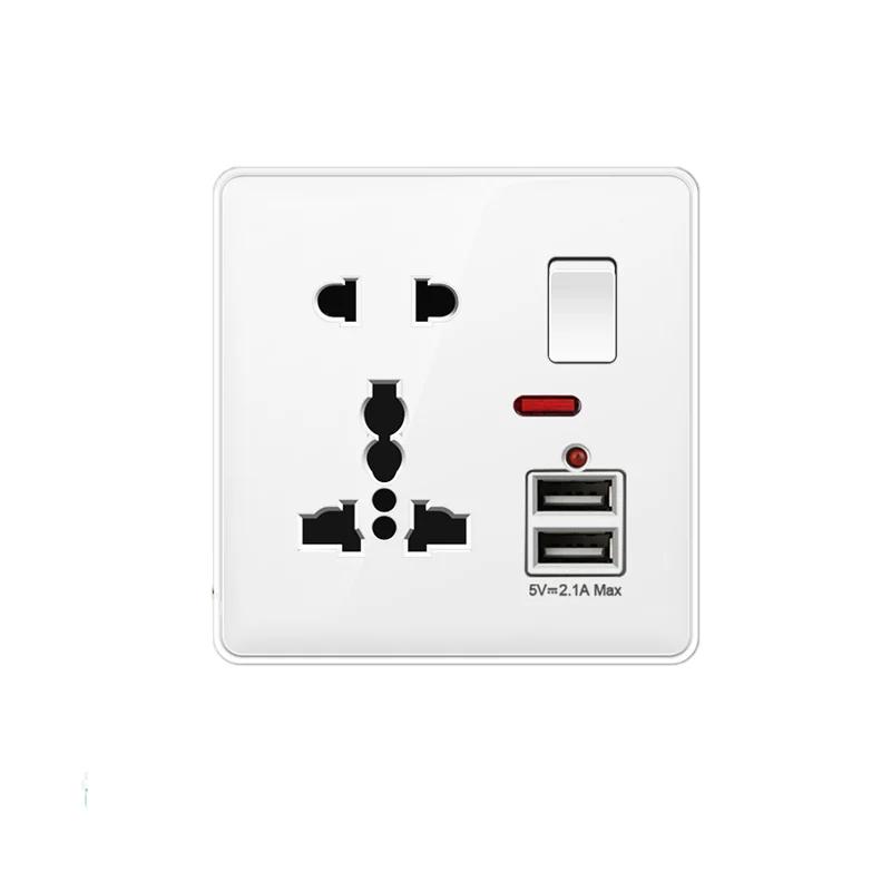 White UK Plug 13A with USB Panel UK Socket Panel, International Universal USB Mobile Phone Charging Socket, with LED Light