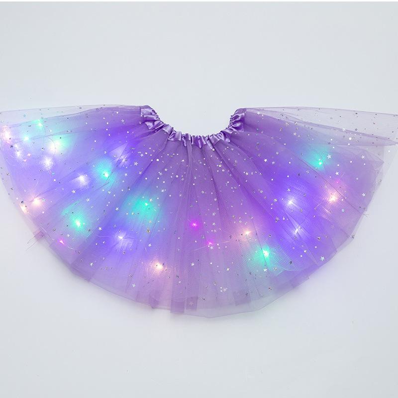 LED Fairy Lights Sequin Star & Moon Mesh Skirt for Kids - Glowing Performance Dancewear
