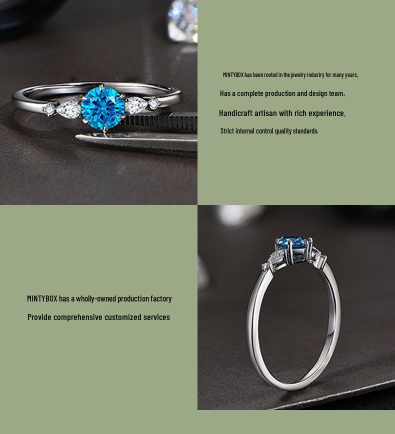 Blue Moissanite and Small Diamond Pave Ring In 925 Silver - Women's Light Luxury Gemstone Index Ring