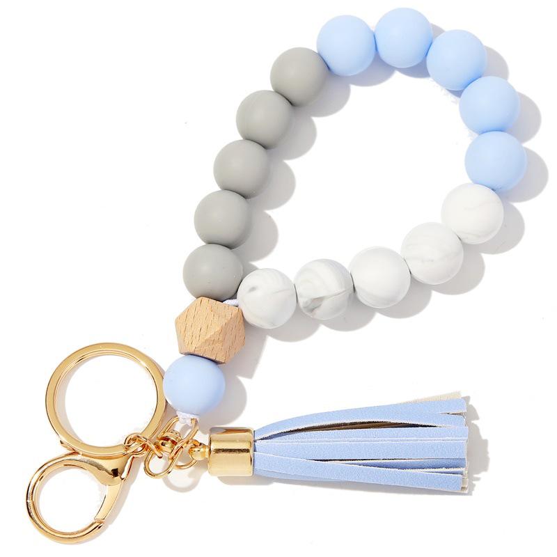 Silicone and Wooden Bead Keychain Bracelet with PU Tassel