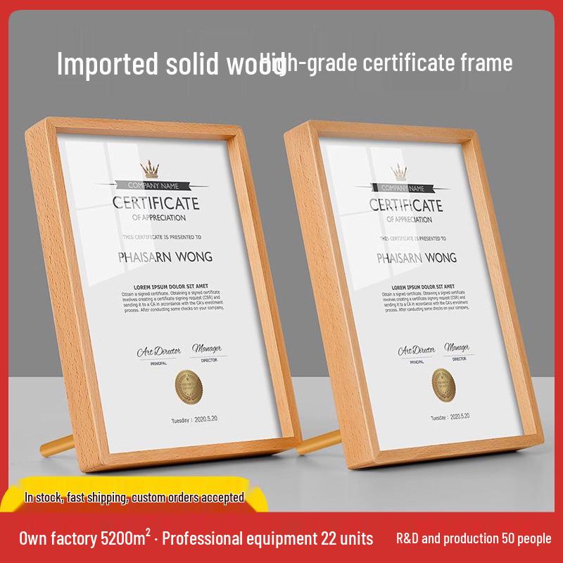 A4 High-Grade Solid Wood Certificate Frame with Crystal Glass for Awards and Photos. Beech Wood