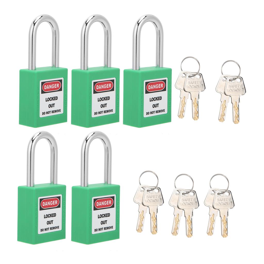 5Sets 38mm Padlock Lockout Tagout HardWearing with 10 Keys Writable Label for Machine Building Security(Green )