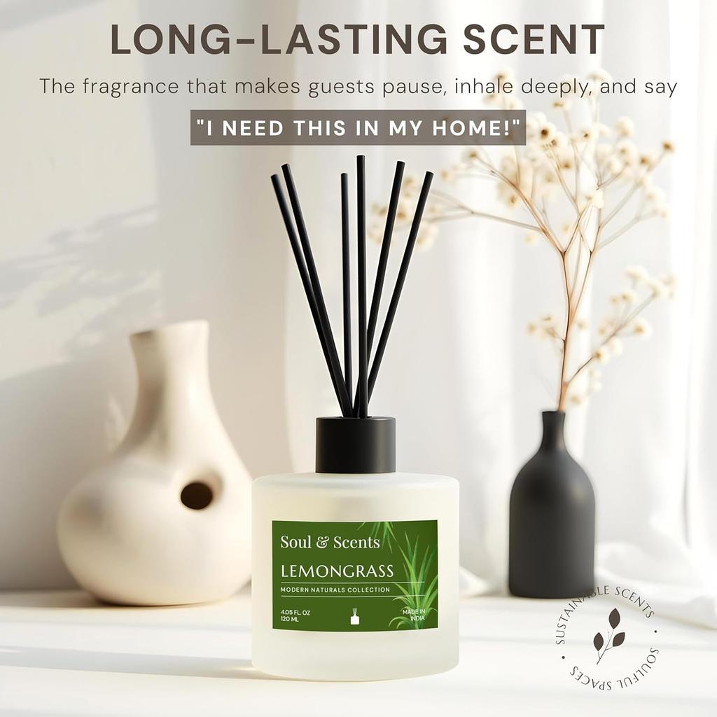 Soul & Scents Glass 120ml Lemongrass Reed Diffuser Set | Free 6 Fiber Reed Sticks | Stress Relief & Aromatherapy | Long-Lasting,