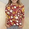 Girls Floral Print Crew Neck Three Quarter Sleeve Casual T Shirt Lightweight Soft Fabric Comfortable Fit Everyday Wear