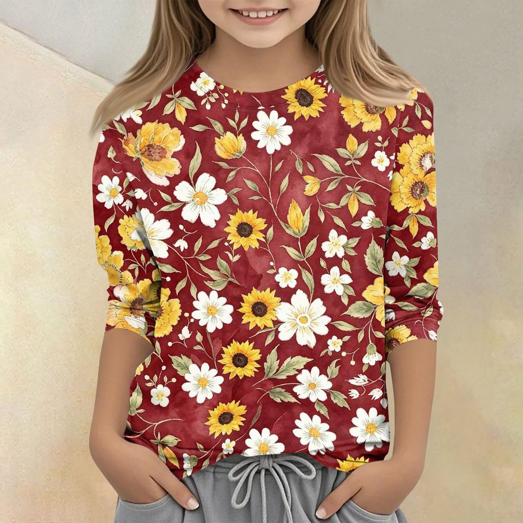 Girls Floral Print Crew Neck Three Quarter Sleeve Casual T Shirt Lightweight Soft Fabric Comfortable Fit Everyday Wear