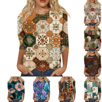 T-shirt Top Décontracté Tendance pour Femme, Col Rond, Manches Trois-quarts, Imprimé Rétro
