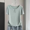 Women Modal Ribbed Button Round Neck Short Sleeve Tee Slim Base Top Spring Summer
