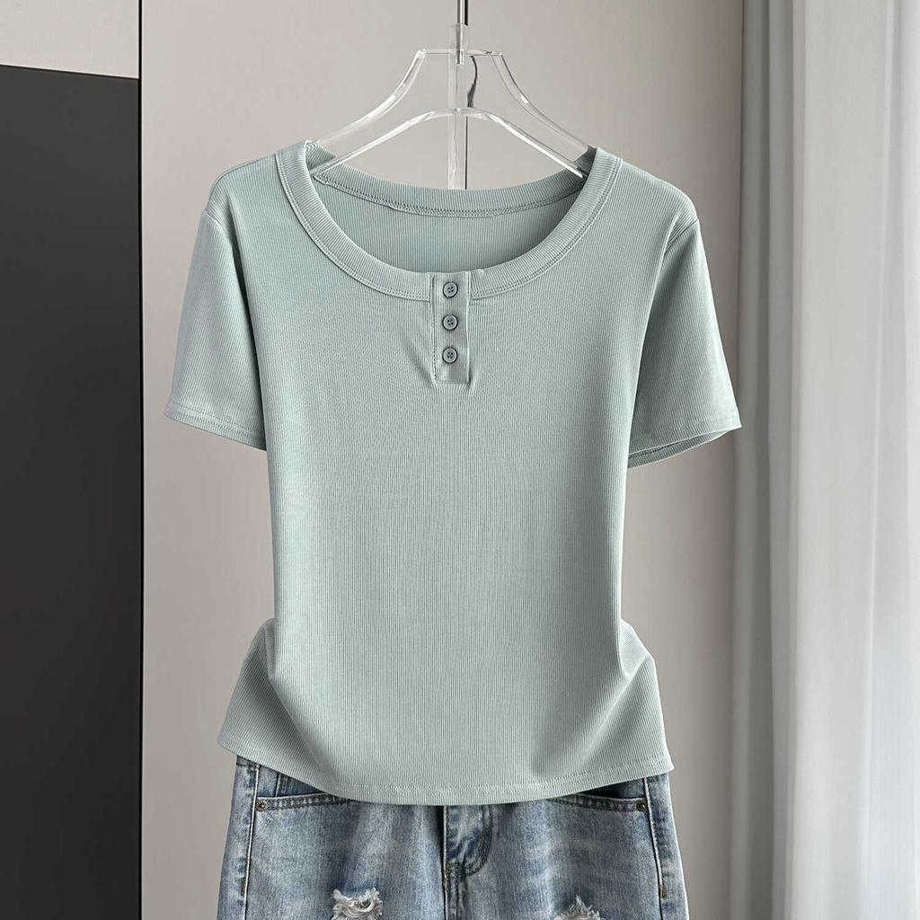 Women Modal Ribbed Button Round Neck Short Sleeve Tee Slim Base Top Spring Summer