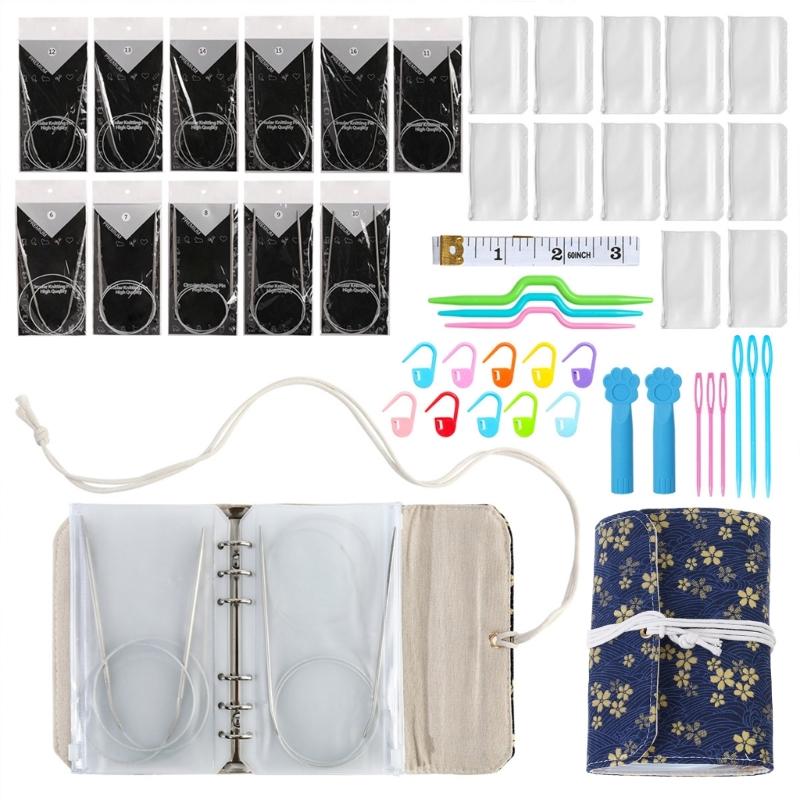 Circular Needle Storage Bag Knitting Tool Organiser Case with Removable 6 Hole PVC Binder Pocket for Knitting Supplies