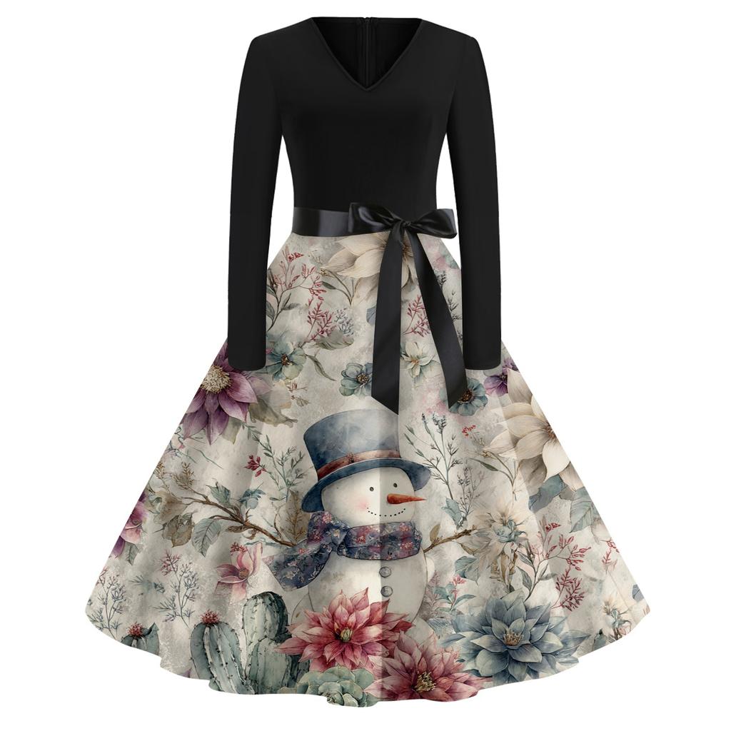 Ladies' Christmas Printed Casual And Fashionable V-neck Long Sleeved Dress