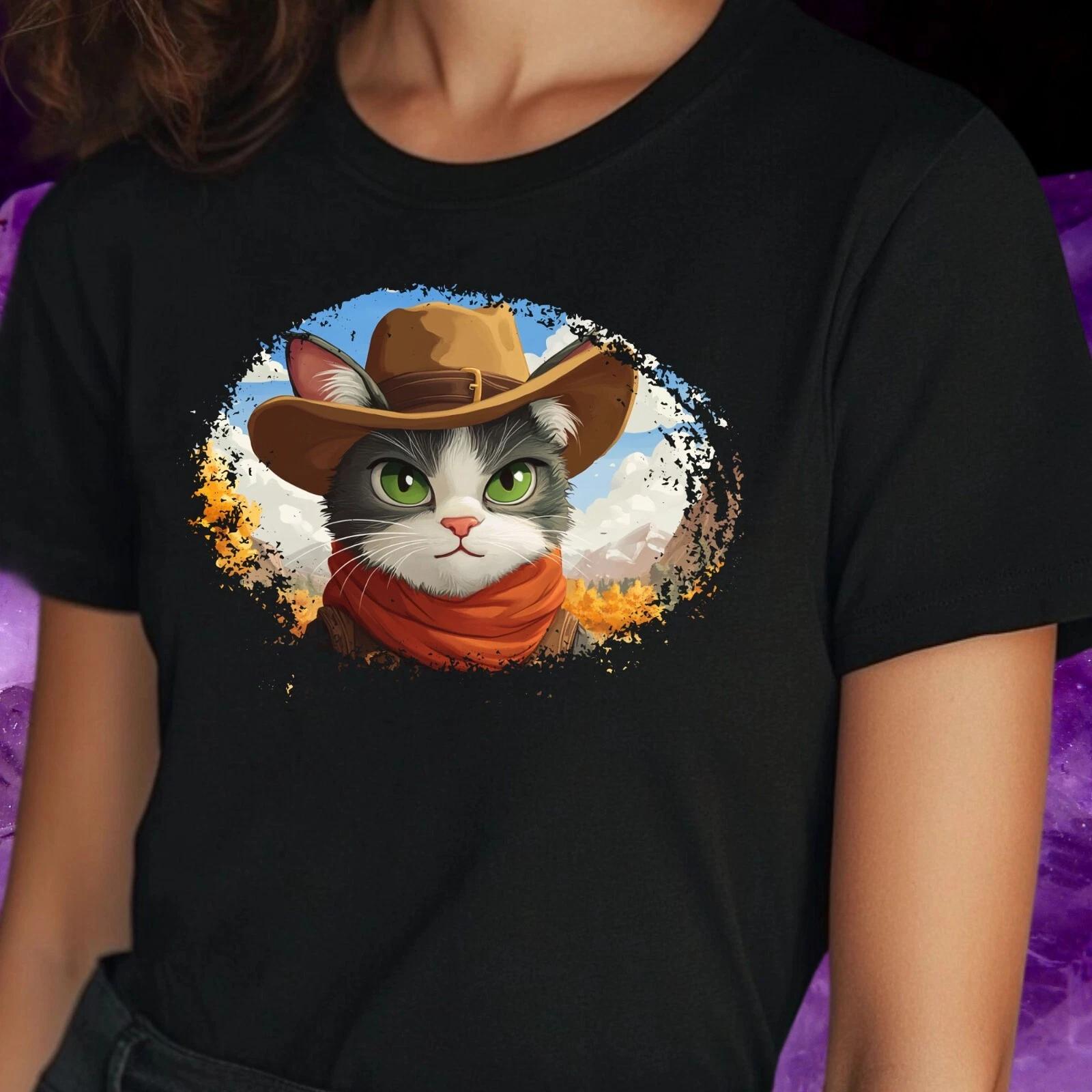 T-Shirt Herren Cowboy Katze Cartoon Motiv Baumwolle Größe S bis 5XL M