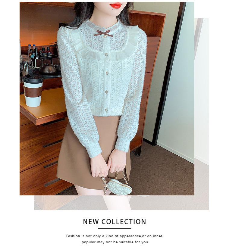 Women's Long Sleeve Stand Collar Lace Shirt with Velvet Inner Layer