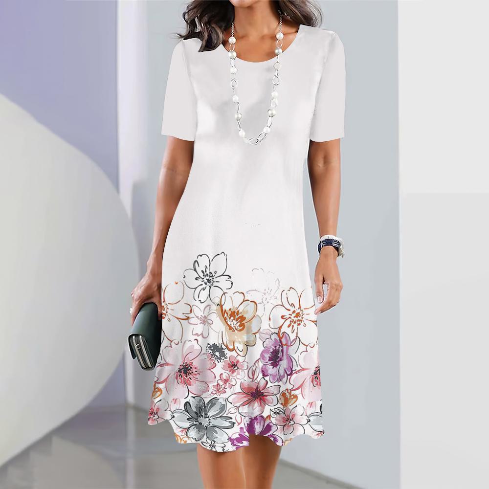 Sommerkleider mit kurzen Ärmeln, edles Damenkleid, lockerer A-Linienrock, Farbkonflikt-Druck, Damenkleidung, lässiger Pullover mit rundem Kragen