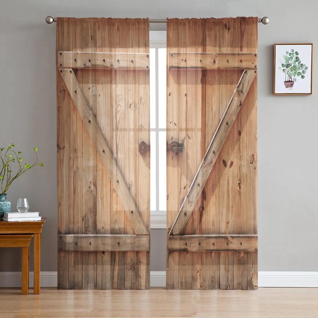 Farm Barn Wooden Door Tulle Drapes Ideal for Living Room Print Sheer Voile Curtain Bedroom Window Screening Drapes Blinds Home Decor