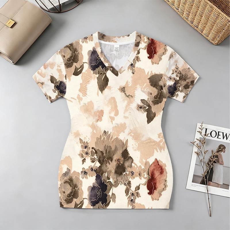 Floral V-Neck Short Sleeve Dress, Soft Slim Fit, Trendy Hot Girl Style for Summer Beach Outing, Versatile