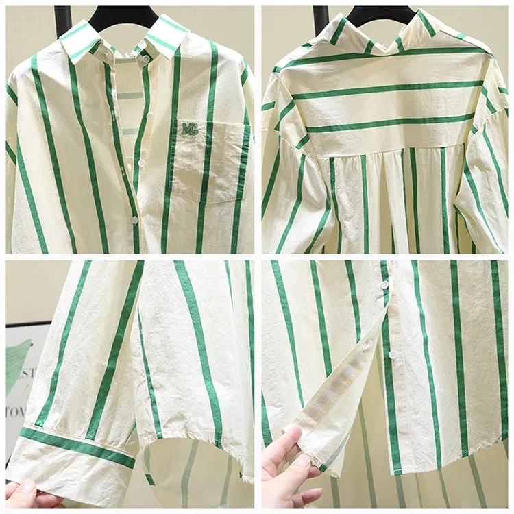 Spring Autumn Women's Oversized Youthful Design Patchwork Striped Shirt Summer Casual Long Sleeved Shirt Sunscreen Top