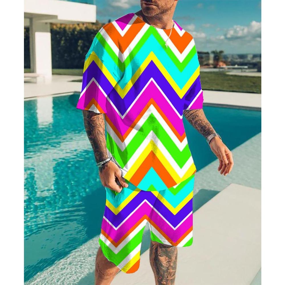 Summer Fashionable Men's Striped Style 3D Two-piece Set Street Casual Fashion Breathable Comfortable Sports Loose Large Size Sports Wear