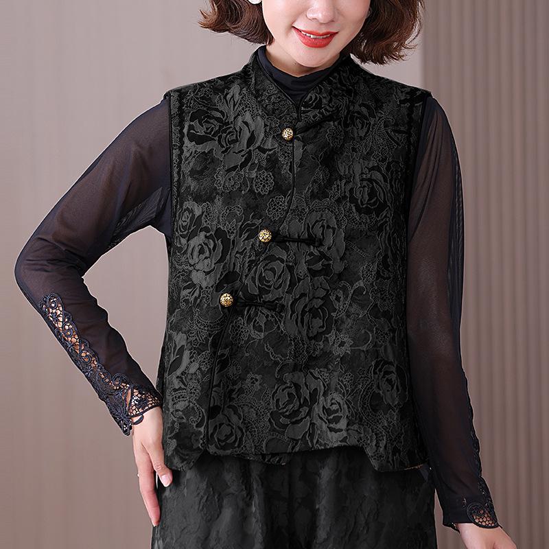 Dame Høst/Vinter Forbedret Tangdrakt Vattert Vest med Ståkrage - Kinesisk Nasjonalstil Jacquard Yttertøy.