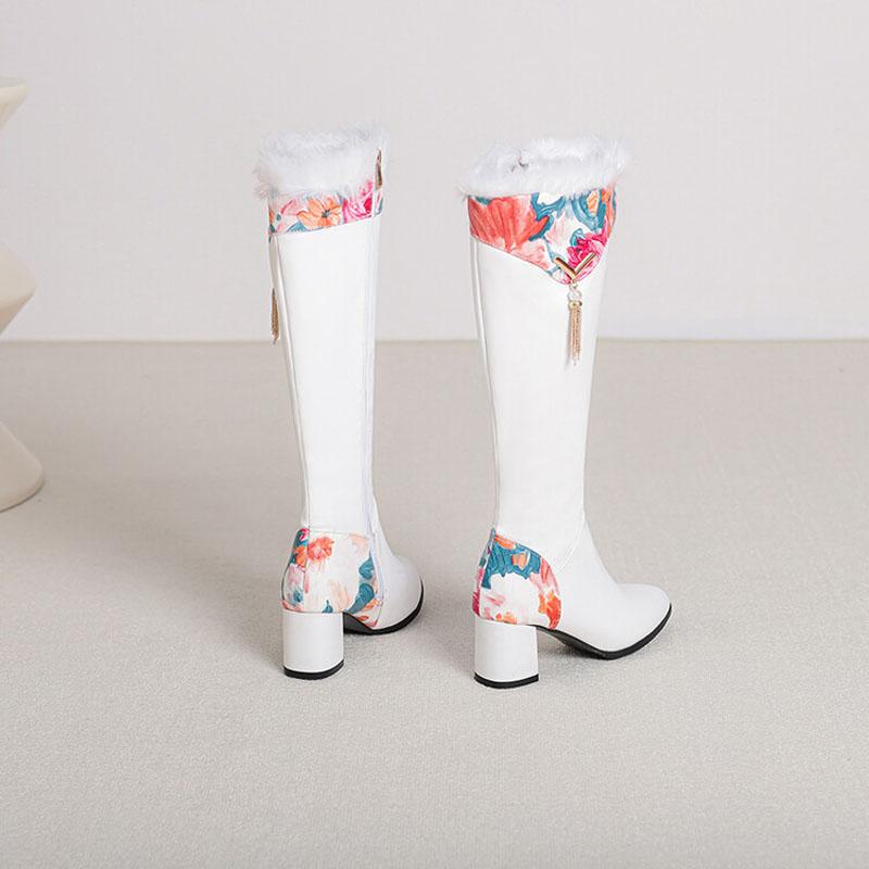 2025 Winter Knee High Boots for Women Printing Patchwork High Heels Women Shoes Big Size 43 Plush Warm Botas De Mujer WSH4935