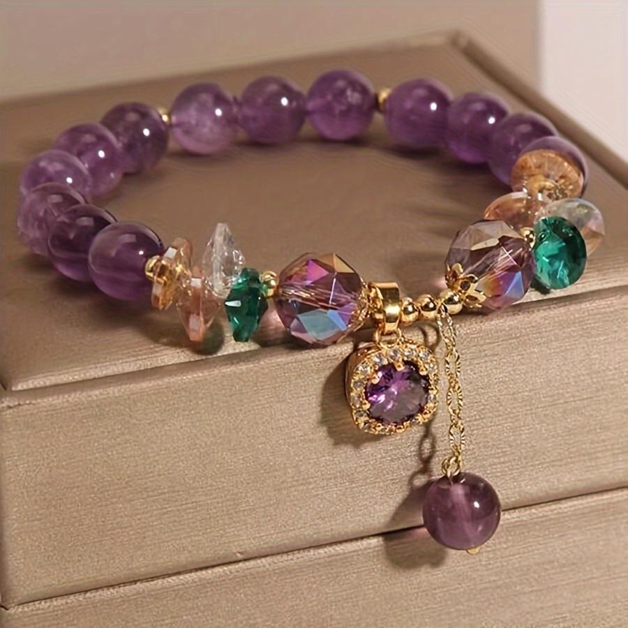 Elegant Vintage Amethyst Bead Bracelet with Gold Tones and Crystal Pendant - Bohemian Style for Parties or Gifts, Women's Fashion Accessories