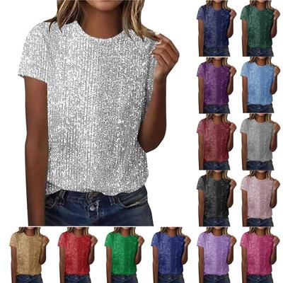Women's Fashion Casual Short Sleeve Glitter Sequins Round Neck Top