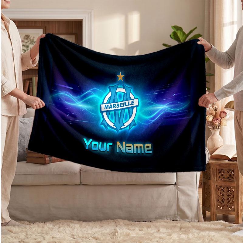 Olympique Marseille FC Personalized Fleece Blanket With Football Logo, Custom Name Text Soft Warm Home Throw Blanket