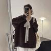 Soft waxy gentle wind lace splicing lace-up knitted sweater women's fashion solid color loose pullover sweater