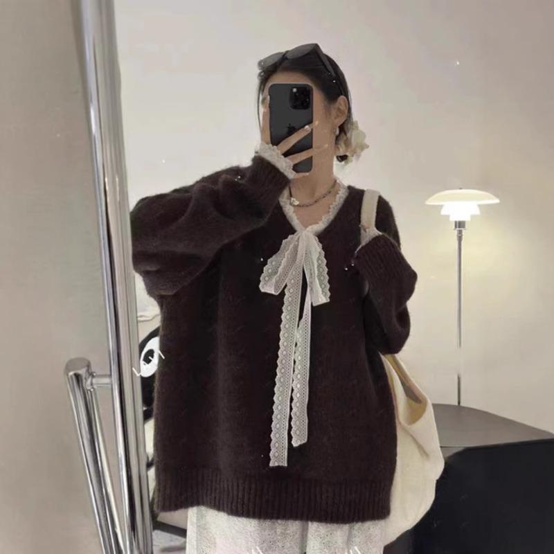 Soft waxy gentle wind lace splicing lace-up knitted sweater women's fashion solid color loose pullover sweater