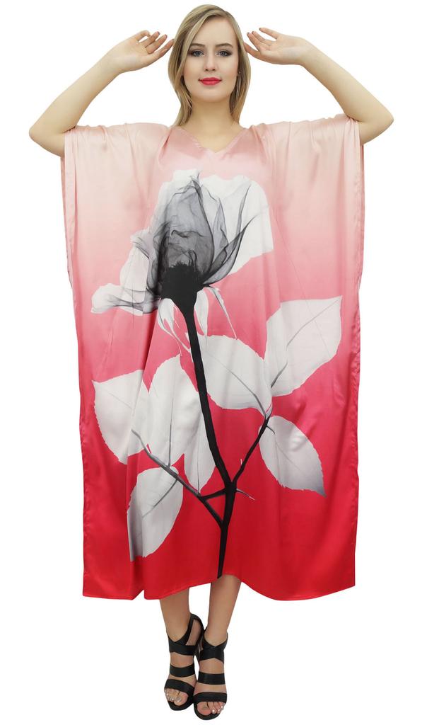 Bimba Women's Long Kaftan Dress Chic Floral Satin Peach Caftan Kimono