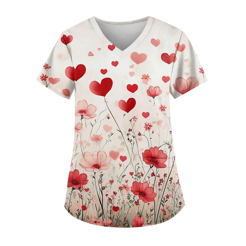 Women's Cute Printed Work Clothes V-neck Double Layer Pockets Basic Short Sleeve Top Pullover Christmas