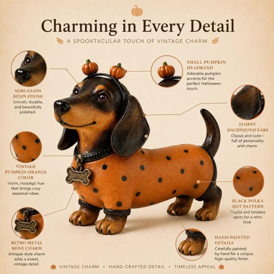 Cute Dog Figurines for Thanksgiving Fall Harvest Dachshund Figurine, Halloween Statue with Pumpkin Headband Polka Small Ornament Fireplace Dot Outfit,