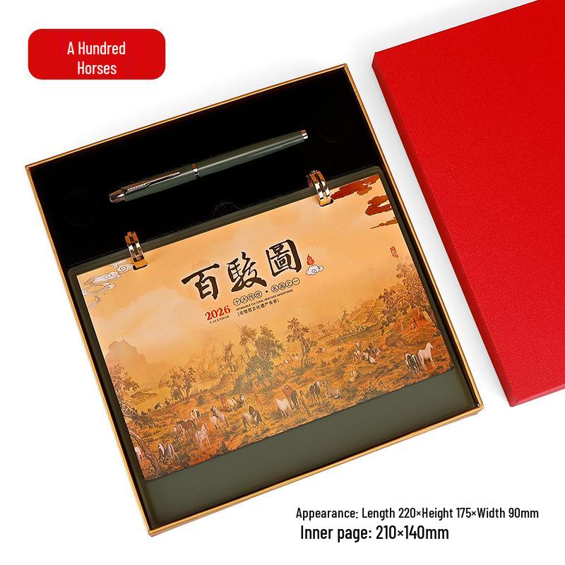 2026 Year of the Horse Desk Calendar with Double Ring Easel - Custom Corporate High-End Gift Box Edition