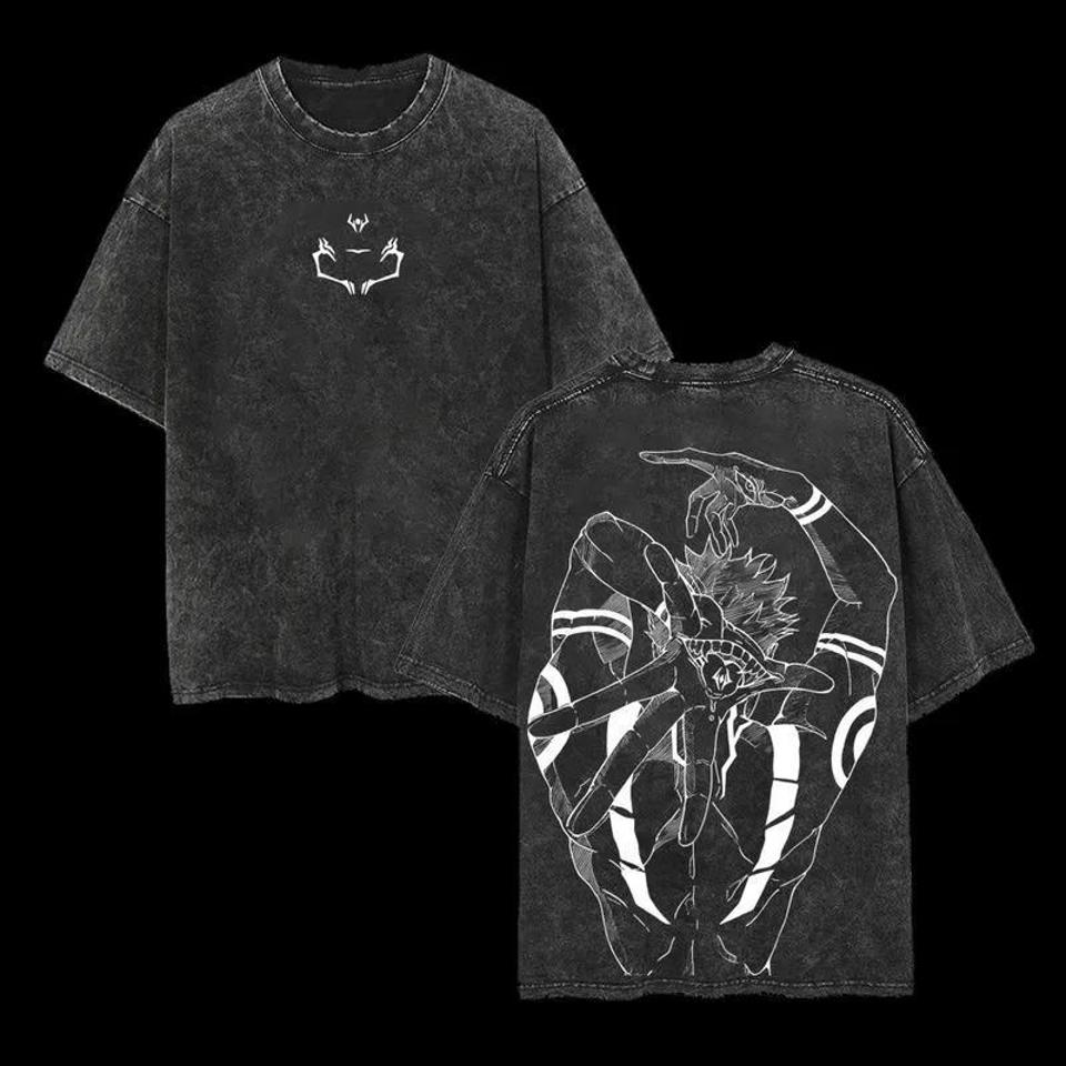 Anime Magical Battle Ryoumen Sukuna Harajuku Vintage Washed T-Shirt Cotton Men's Streetwear Oversized Women's