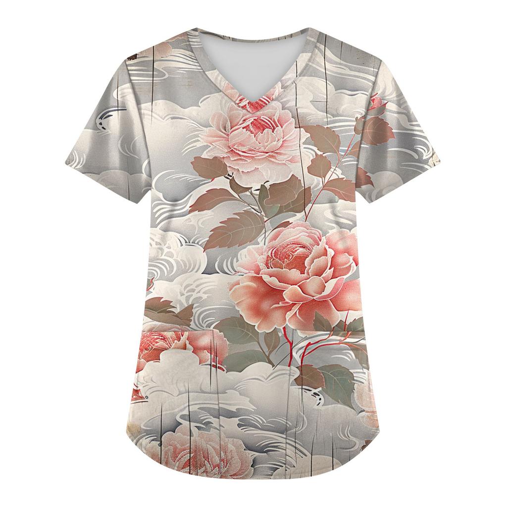 Plus Size Printed Scrub Working Uniform Tops For Women's V-Neck Christmas Print Short Sleeve Fun T-Shirts Workwear Tee With Pockets