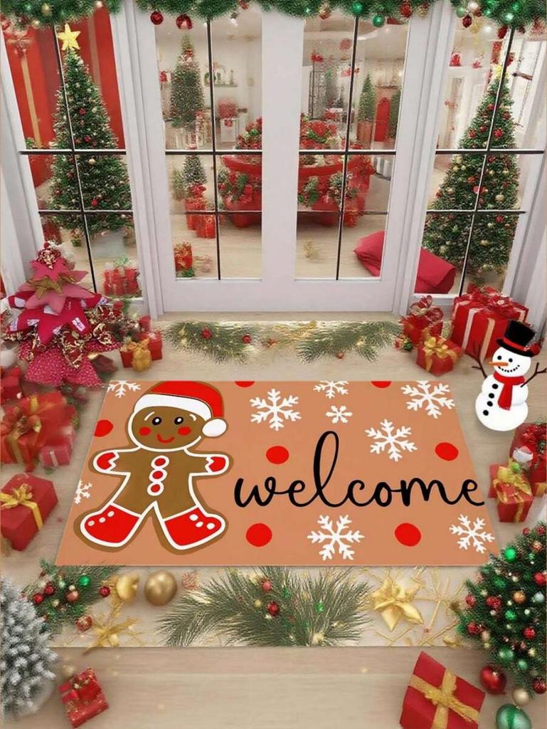 VIKAMA Christmas Gingerbread Man Door Mat Non-Slip Washable Kitchen Bedroom Floor Mat Indoor Outdoor Carpet Home Decoration