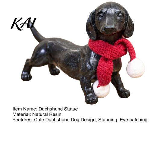 Small Animal Sculpture Dachshund Statue, Resin Standing Dog Figurine with Red Knitted Fireplace Mantel Decor Scarf, Cute Christmas Puppy for
