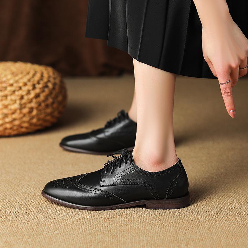 Fashion Women Oxford Low Heel 2025 Spring Shoes for Woman Genuine Leather Brogues Vintage Lace Up Loafers Casual Black Brown Girls Shoes