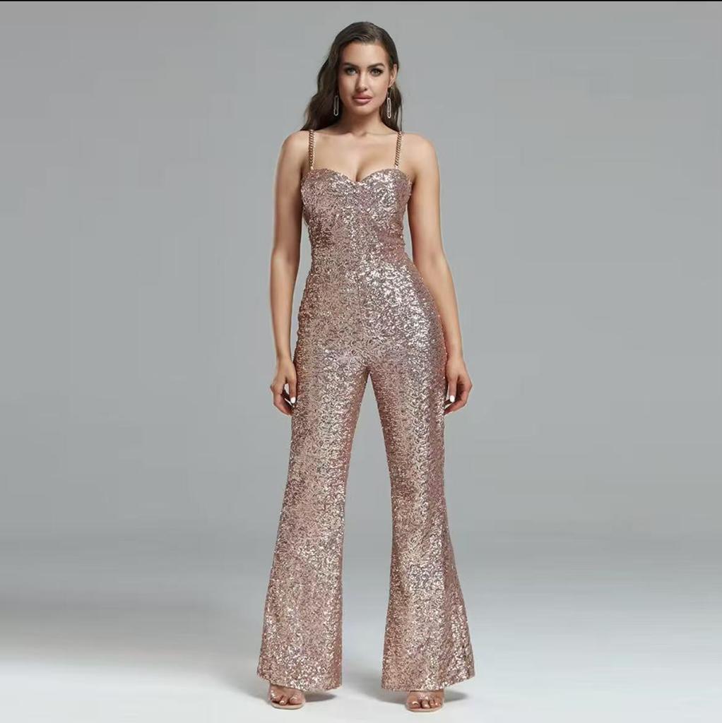 2025 Mode Pailletten Ketting Taille Riem Afslankende Jumpsuit