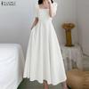 ZANZEA Women Casual Square Collar Elegant Short Sleeve Long Dress