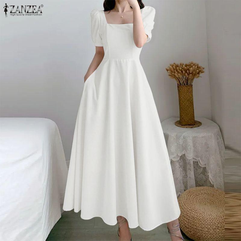ZANZEA Women Casual Square Collar Elegant Short Sleeve Long Dress