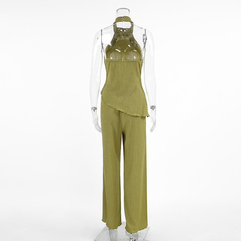 Casual Women Sleeveless Backless Tank Tops Wide Leg Trousers Suit Fashion Halter Vest Long Pants Set Chic Lady Summer Outfits