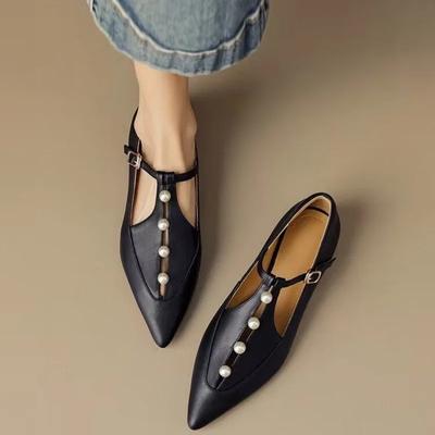 Spring French Pearl Hollow Mary Jane Shoes Pointed Toe Thick Low Heel Single Shoe Solid Casual Buckle Pumps Beige Heeled Loafers