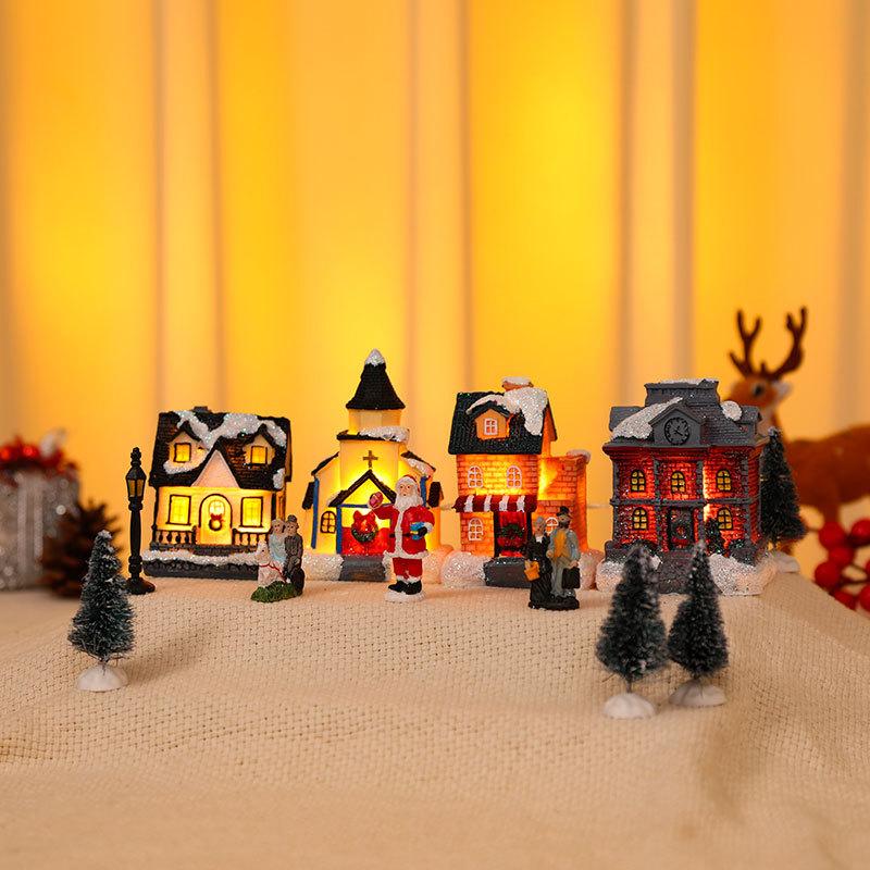 Christmas Glow Little House Set Resin Christmas Scene with Christmas Gift Ornaments