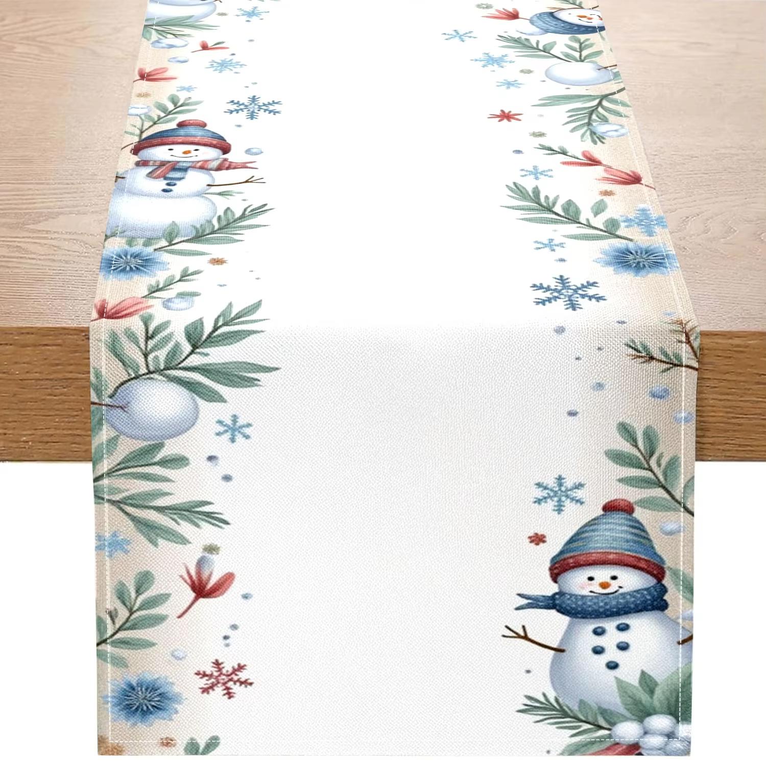 Christmas Snowman Table Runner With Snowflakes Floral Pattern Festive Winter Holiday Home Decor for Christmas Party Decorations 33x180cm