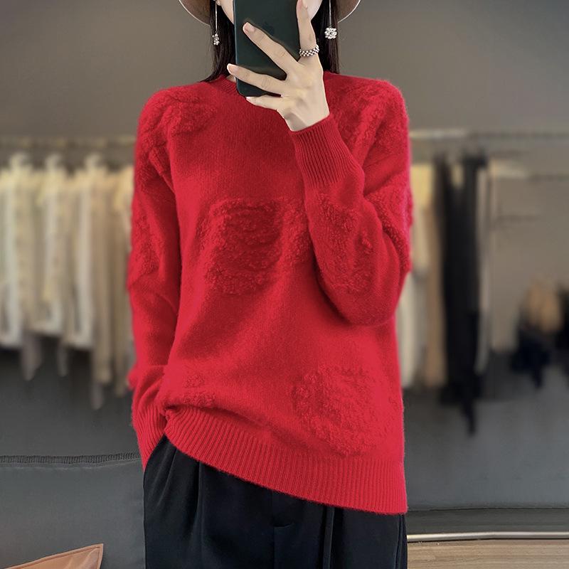 Women's Loose Wool Knit Sweater - 2024 Autumn/Winter, Half High Collar, Towel Sleeve