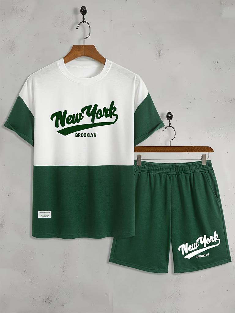 Summer 2025 new men's casual sportswear set 3D digital printed round-neck short-sleeved color block T-shirt and shorts