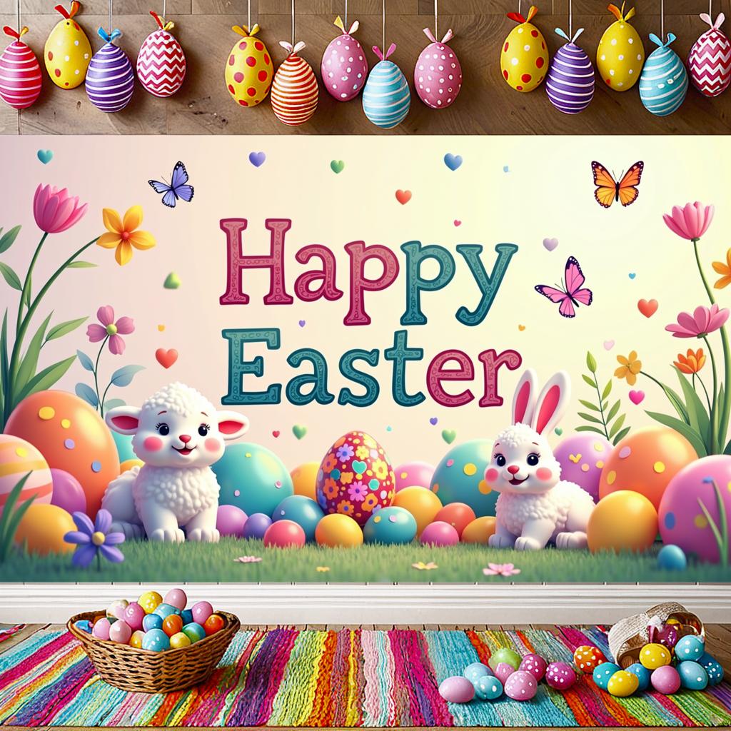 Happy Easter Backdrop Banner Easter Egg Bunnies Photography Prop Decorations Garden Party Supplies Background Spring Decor
