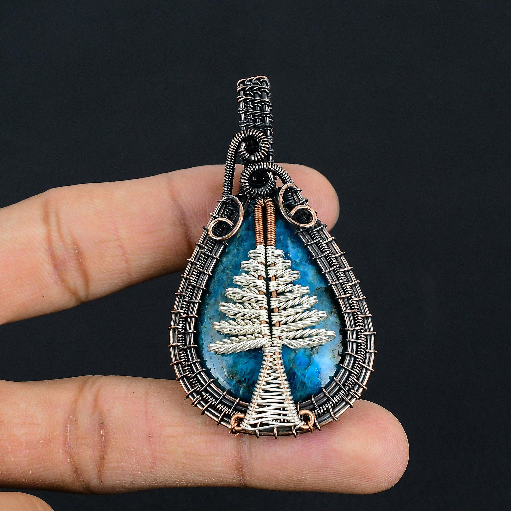 

Tree Of Life Neon Blue Apatite Gemstone Pendant 999 Copper Wire Wrapped Jewelry, Handmade Antique Pendant Jewelry, Gift For Mother 2.55 Inches